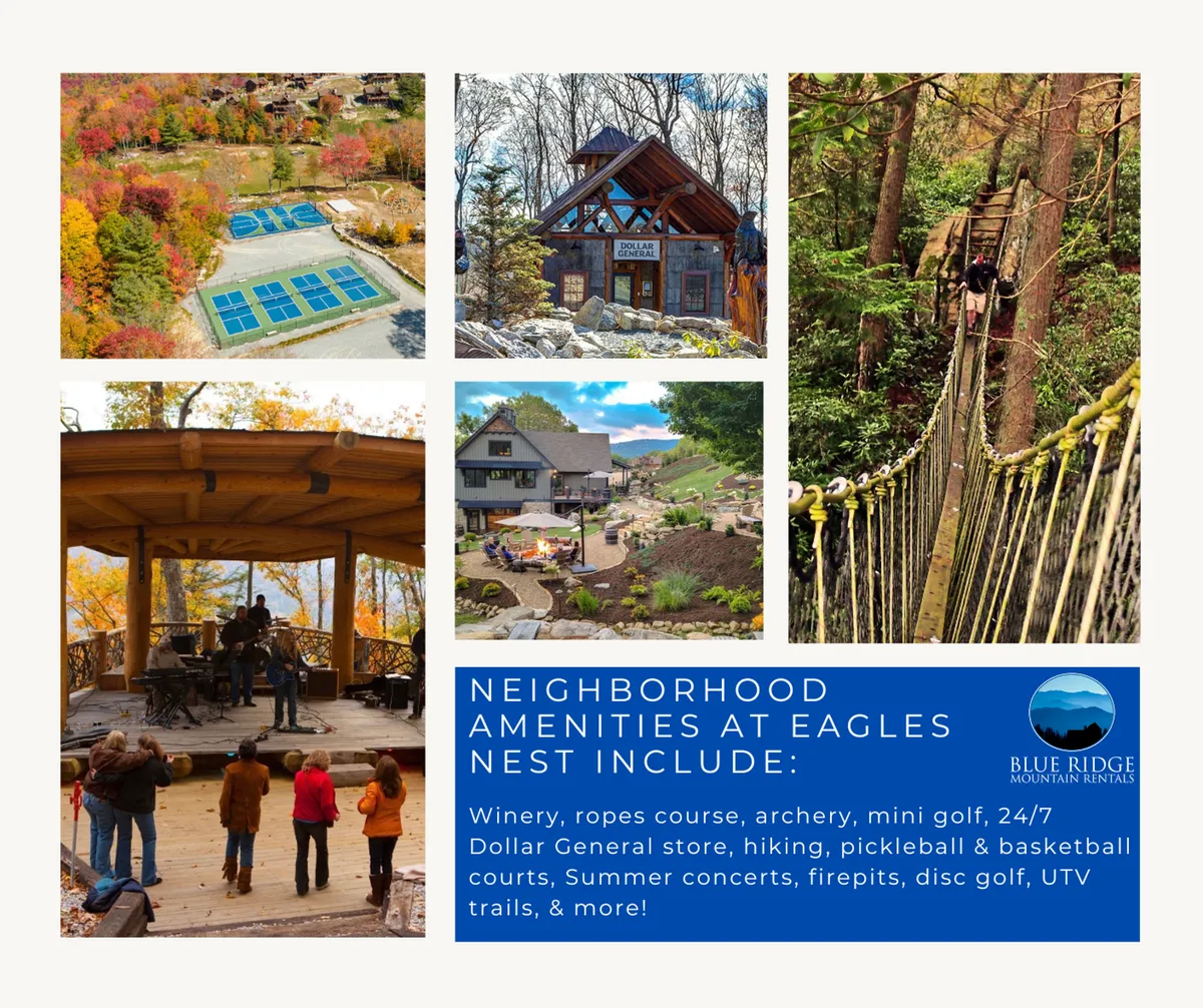 This vibrant exterior shot captures multiple resort-style amenities, including visible sports courts, hiking trails, the mini-golf course, an outdoor stage for concerts, and a rustic lodge structure. The image radiates communal energy, showing families and groups enjoying various activities.